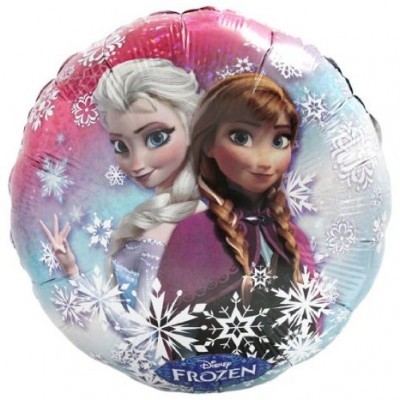 Balão redondo com personagens Elsa e Anna do filme Frozen em fundo com flocos de neve