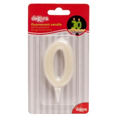 Vela fluorescente número 0 branca em embalagem de plástico com cartão vermelho e riscas cinza