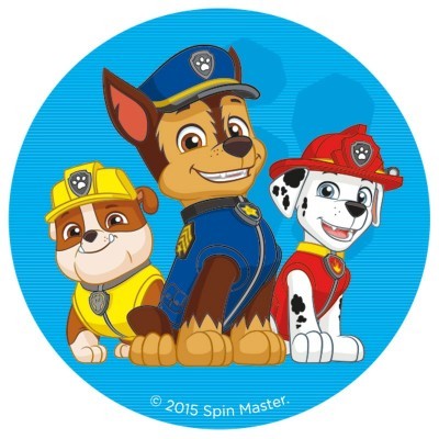 Três cães de desenho animado em uniforme colorido sobre fundo azul circular.