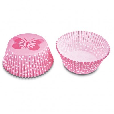 Formas de papel para cupcake cor-de-rosa com bolinhas brancas e borboleta desenhada