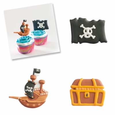 Decoração para bolos tema pirata com navio, bandeira e baú do tesouro