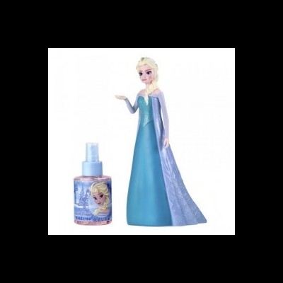 Boneca Elsa com vestido azul e frasco de spray com imagem da Elsa