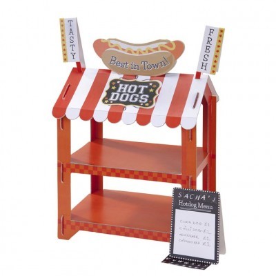 Expositor de madeira vermelho para hotdogs com toldo e placas de texto