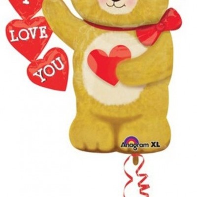 Balão urso castanho com corações vermelhos e texto I LOVE YOU