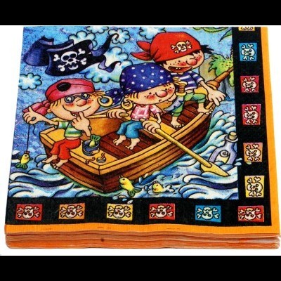 Panos tecidos com ilustração de crianças piratas num barco em mar azul e borda com padrões de caveiras