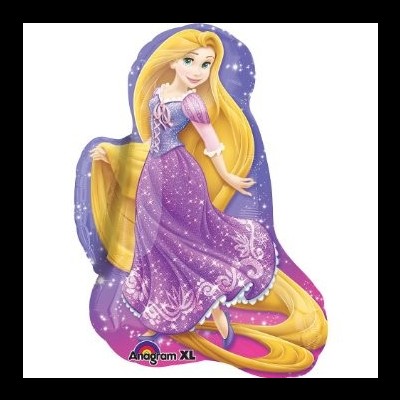 Balão em forma da personagem Rapunzel com vestido lilás e cabelo longo amarelo