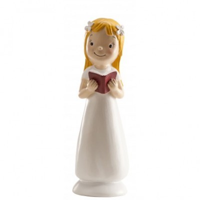 Estatueta decorativa de menina loira com livro e vestido branco