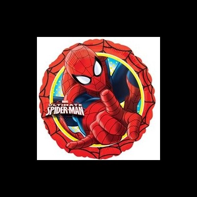 Balão redondo com imagem do Homem-Aranha em trajes vermelhos e azuis e texto Ultimate Spider-Man