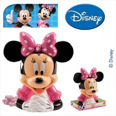 Figura de Minnie Mouse com laço rosa e roupa cor-de-rosa em embalagem com o logotipo Disney