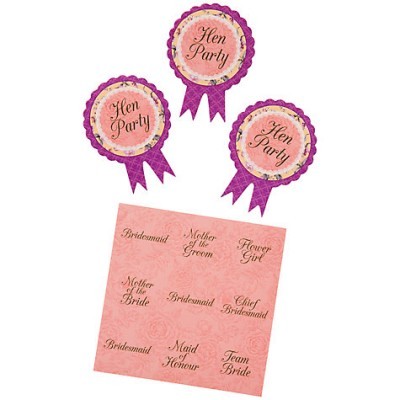 Três rosetas e folha de autocolantes para festa Hen Party em rosa e roxo.
