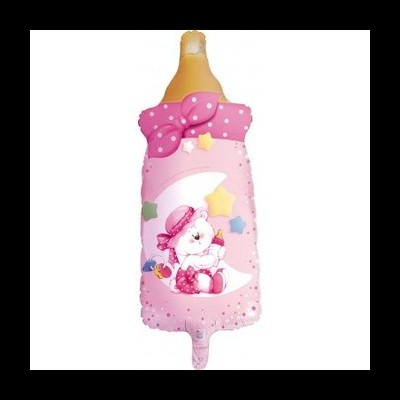 Balão rosa em forma de mamadeira com ursinho e estrelas coloridas