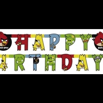 Balão decorativo com as palavras 'HAPPY BIRTHDAY' e personagens do Angry Birds.