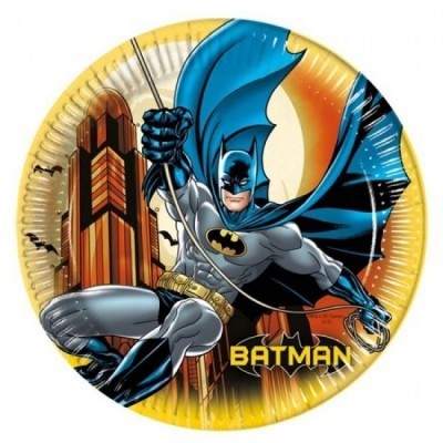 Prato descartável redondo com imagem do Batman em fundo amarelo
