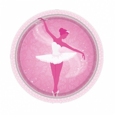 Prato de papel rosa com bailarina branca e rosa no centro