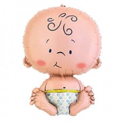Balão grande em forma de bebê sentado com fralda e fita métrica.