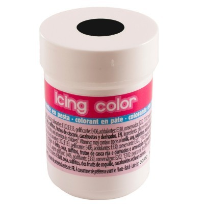 Frasco branco com tampa rosa claro e etiqueta colorida com texto 'Icing color'