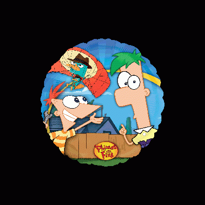 Dois personagens animados e pára-quedas colorido com texto Phineas and Ferb