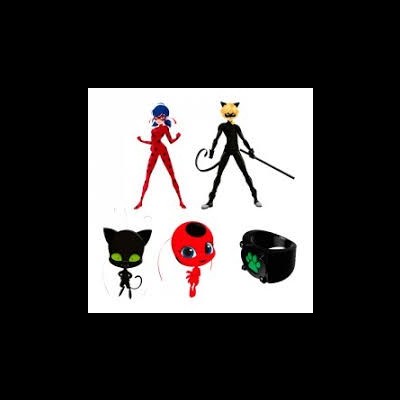 Figuras de personagens e acessórios com cores vermelho, preto, amarelo e verde