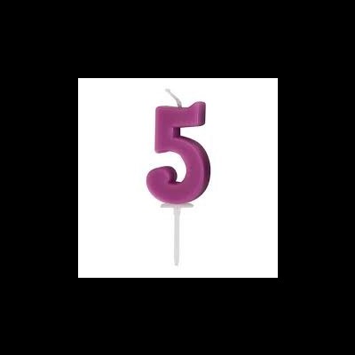 Vela de aniversário número 5 roxa com suporte branco