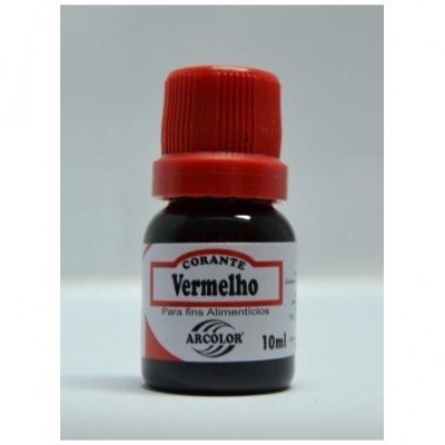 Frasco pequeno de corante alimentar vermelho com tampa vermelha e rótulo branco