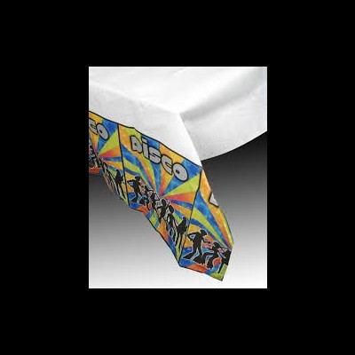 Toalha branca com barra decorativa colorida e silhuetas de pessoas a dançar com palavra 'disco'