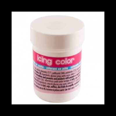 Frasco plástico branco com tampa e rótulo rosa contendo pasta corante para glacê
