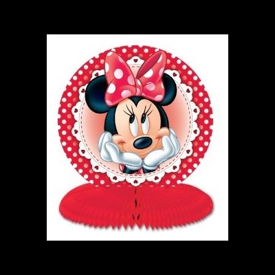 Decoração circular vermelha com Minnie Mouse e bolinhas brancas