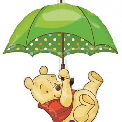 Balão hélio ursinho com guarda-chuva verde de bolinhas.