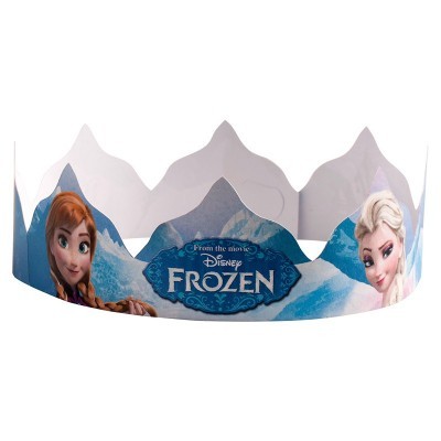Coroa de papel decorativa azul claro com personagens Anna e Elsa e texto Disney Frozen