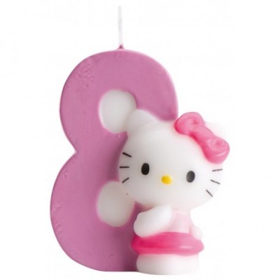 Vela do número 8 com personagem Hello Kitty cor-de-rosa e branca