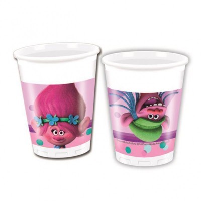 Copo de plástico branco com personagens coloridas do filme Trolls