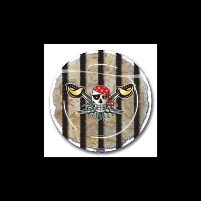 Disco de frisbee com caveira de pirata e riscas pretas.