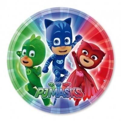 Prato de papel PJ Masks com personagens verde, azul e vermelho