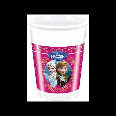 Copo plástico branco com etiqueta rosa do filme Frozen da Disney