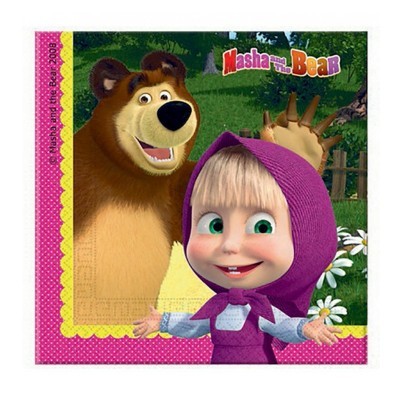 Guardanapo de papel com personagens Masha e o Urso em fundo rosa e amarelo