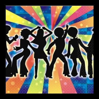 Silhuetas negras de dançarinos em fundo multicolorido vibrante.