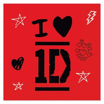 Poster vermelho com texto 'I ♥ 1D' e desenhos de estrelas, corações e raio