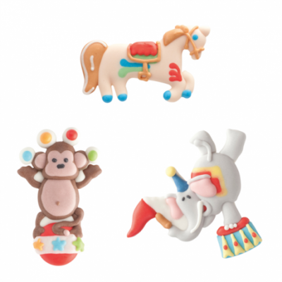 Ímanes coloridos de animais de circo, cavalo, macaco e elefante.