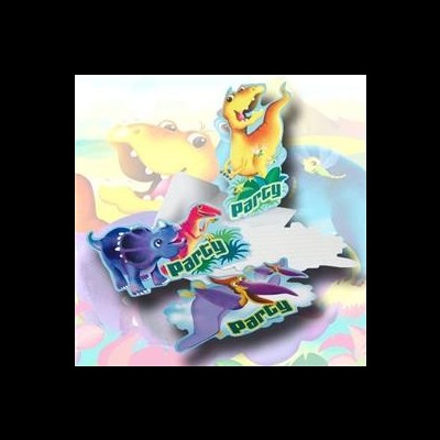 Três adornos de festa com dinossauros e a palavra PARTY