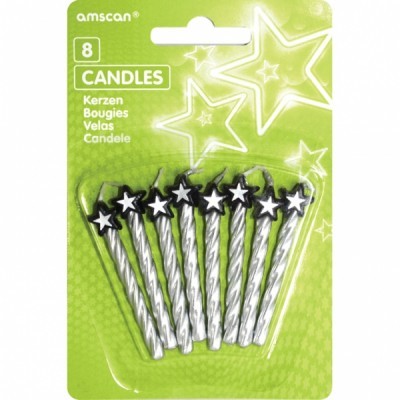 Pack de 8 velas de aniversário prata com estrelas pretas e brancas em embalagem verde