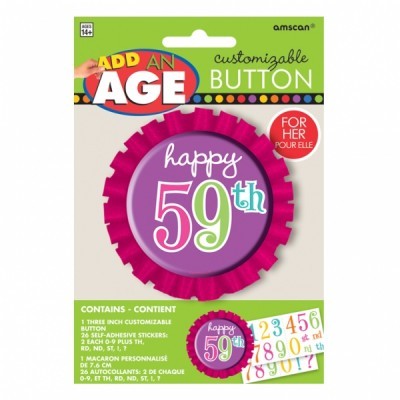 Botão personalizável roxo e rosa 'happy 59th' em embalagem com adesivos numéricos coloridos