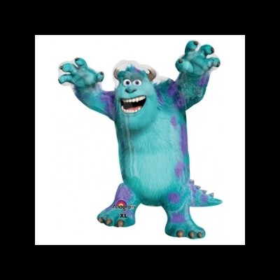 Balão personagem azul com manchas roxas e sorriso largo