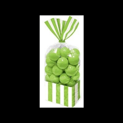 Sacos e caixa de papel com riscas verdes e brancas e bolas verdes brilhantes