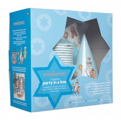Caixa azul com artigos de festa infantil miniámo para 12 pessoas