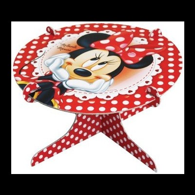 Mesa infantil redonda vermelha com bolinhas brancas e estampa da Minnie Mouse.