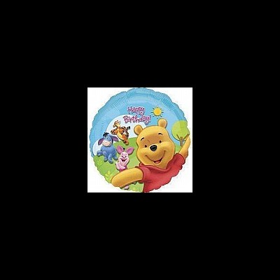 Balão redondo azul com personagens de Winnie the Pooh e texto Happy Birthday