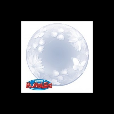 Balão transparente com padrão branco de flores e borboleta e logo Qualatex Bubbles