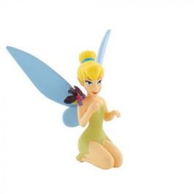 Figura da fada Sininho em vestido verde com asas azuis e cabelo loiro ajoelhada