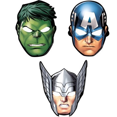 Máscaras de super-heróis Hulk, Capitão América e Thor em estilo desenho animado