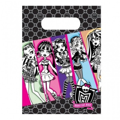 Saco plástico preto com personagens coloridas da Monster High e logotipo